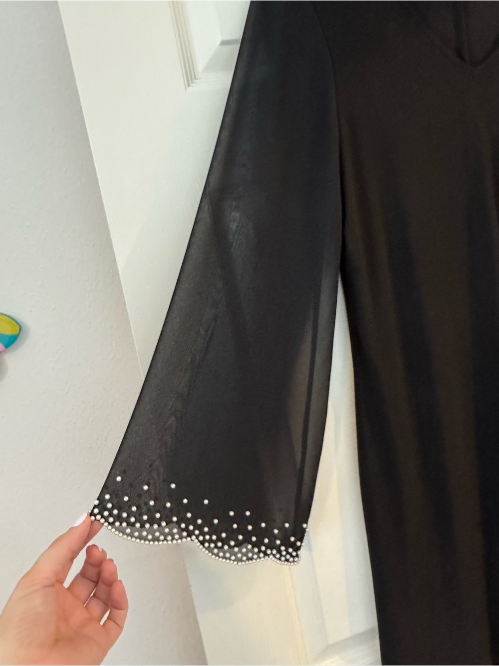 Black V-Neck Dress with Embellished Pearl Sleeve - Picture 2 of 5